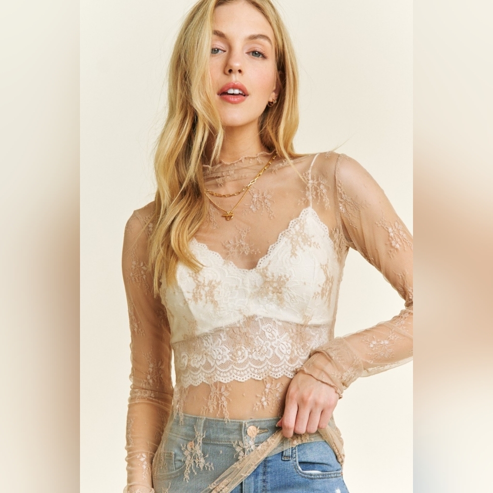 P2-0207  Mesh Lace Floral Nude Layering Top *Boutique*